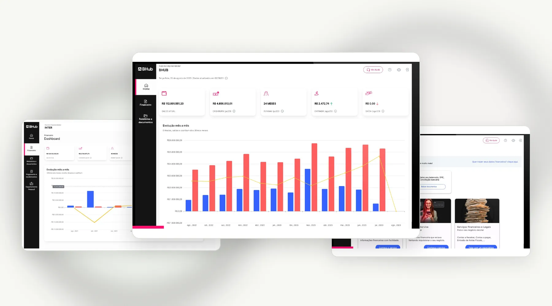 Telas do Hub do Empreendedor em diferentes momentos da evolução do produto