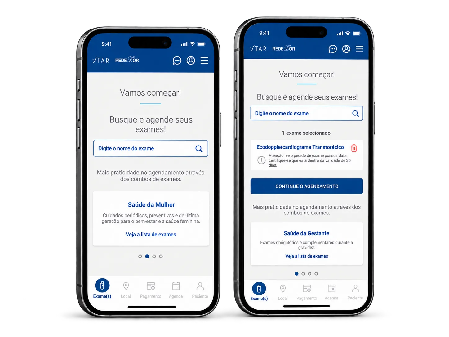 Agendamento de exames da Rede D’Or São Luiz em dois smartphones
